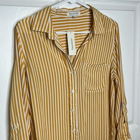 Harper NWT Vera Striped Hi Lo Hem Button‎ Down Shirt in Marigold Yellow Small - Picture 5 of 9